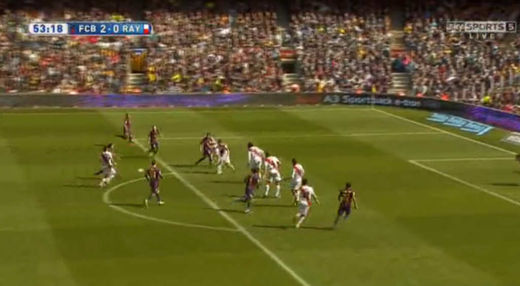 This image highlights the general structure of Barcelona's attack. Alba and Alves high on the wings, Messi, Iniesta, and Xavi in central midfield, Suarez and Pedro in the front line.